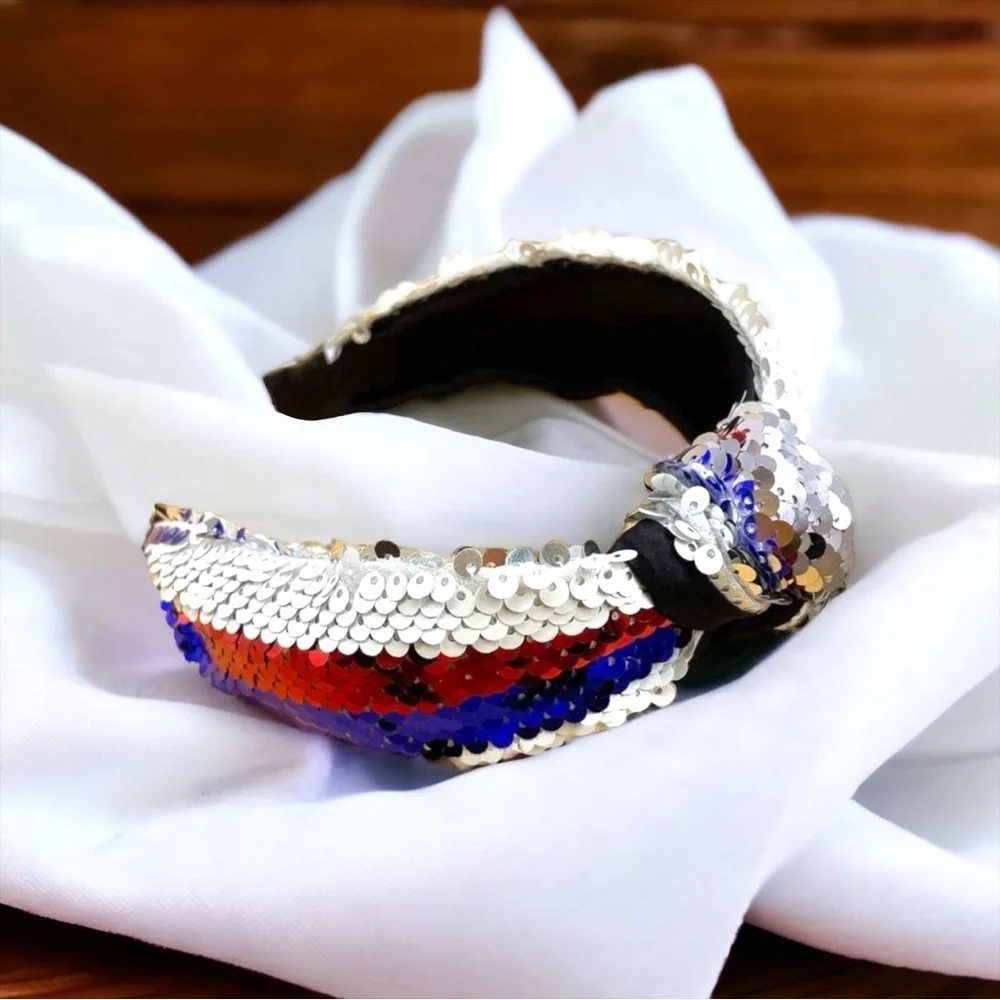 NWOT Patriotic Red White Blue Sequin Top Knot Headband